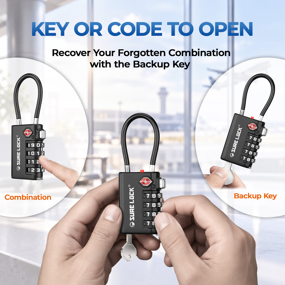 TSA-Approved 4-Digit Cable Luggage Lock with Backup Key & Open Alert (Black)