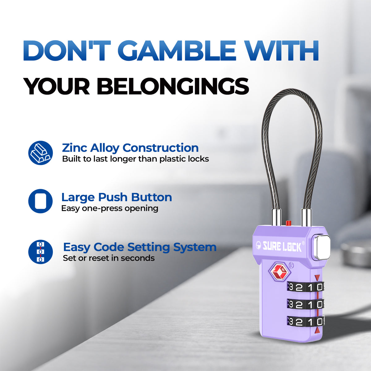 TSA-Approved Cable Luggage Locks - Purple