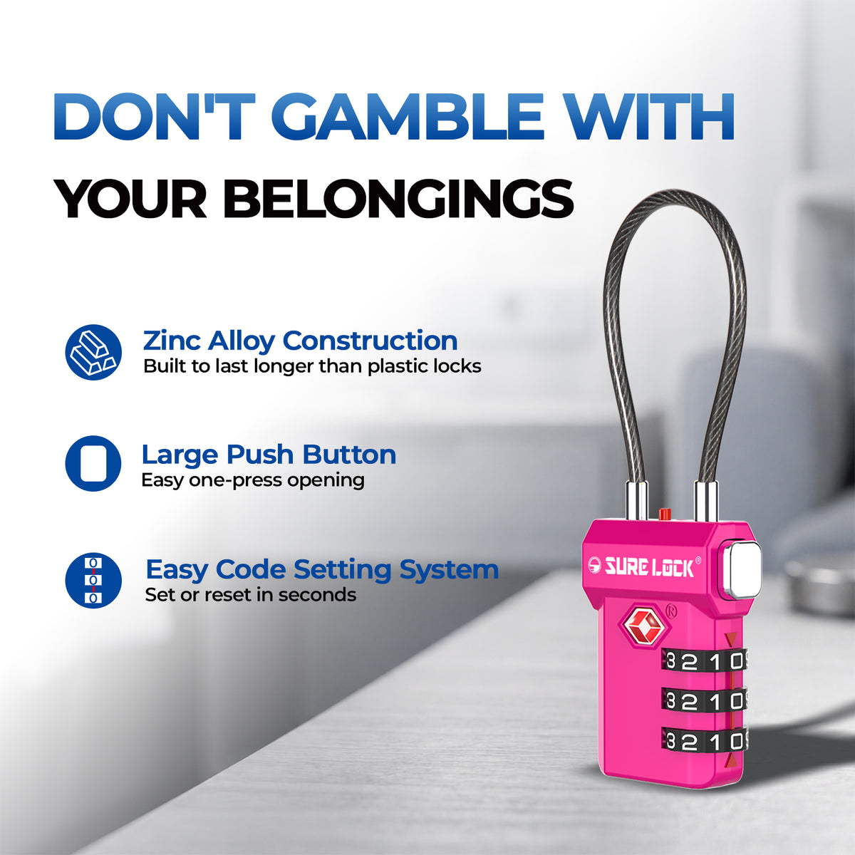 TSA-Approved Cable Luggage Locks - Rose Red