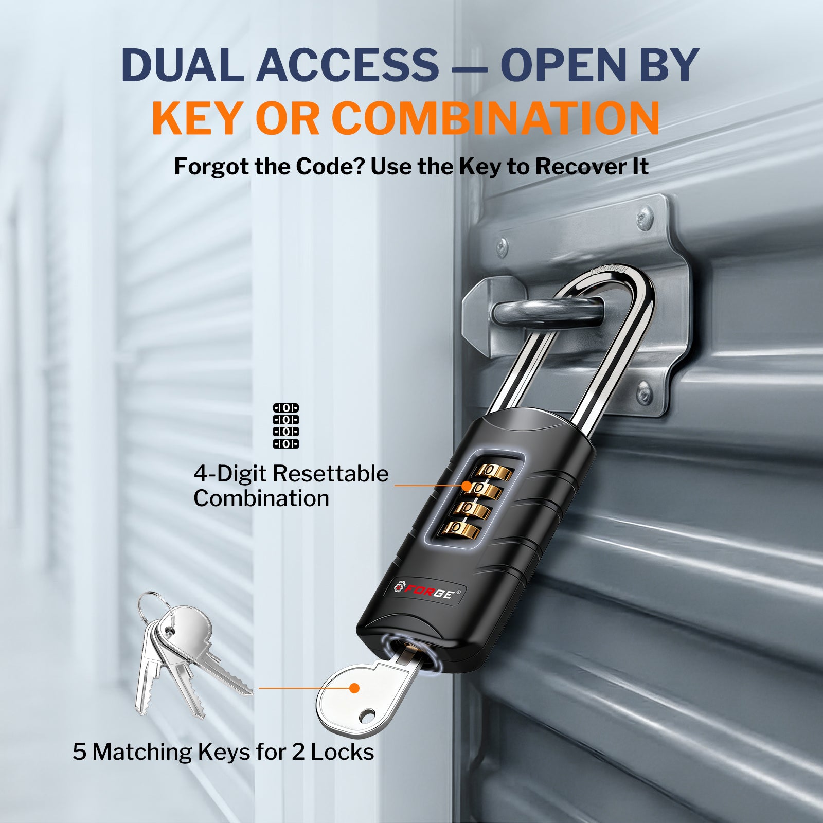Forge 4-Digit Combination Padlock with Backup Keys, Long Shackle, Black