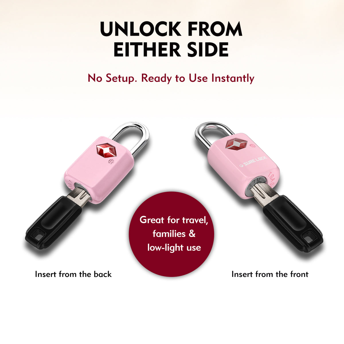 Mini TSA Approved Keyed Luggage Lock – One Key Opens All (Pink Pack)