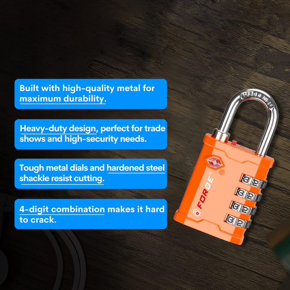 Forge 4-Digit Heavy Duty TSA Approved Lock for Travel & Gym, Orange Pack