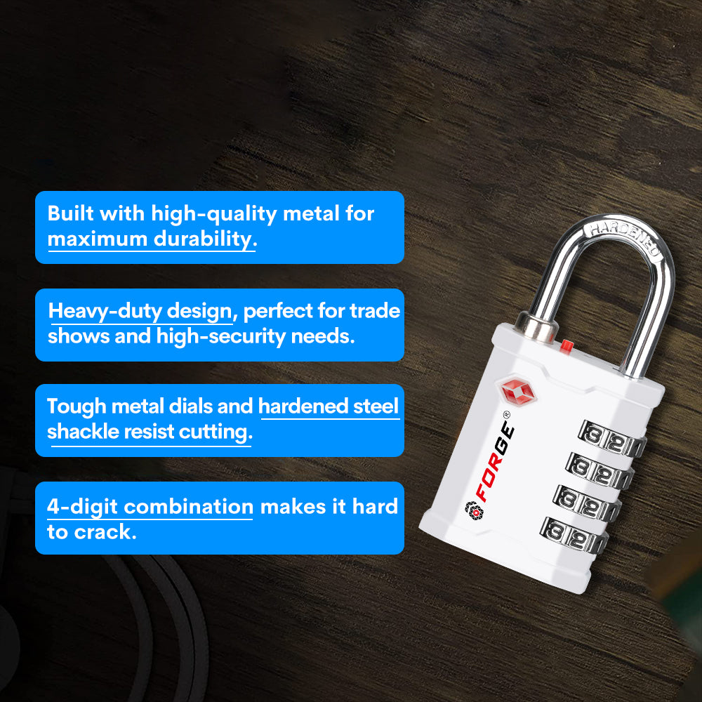 Forge 4-Digit Heavy Duty TSA Approved Lock for Travel & Gym, White Pack