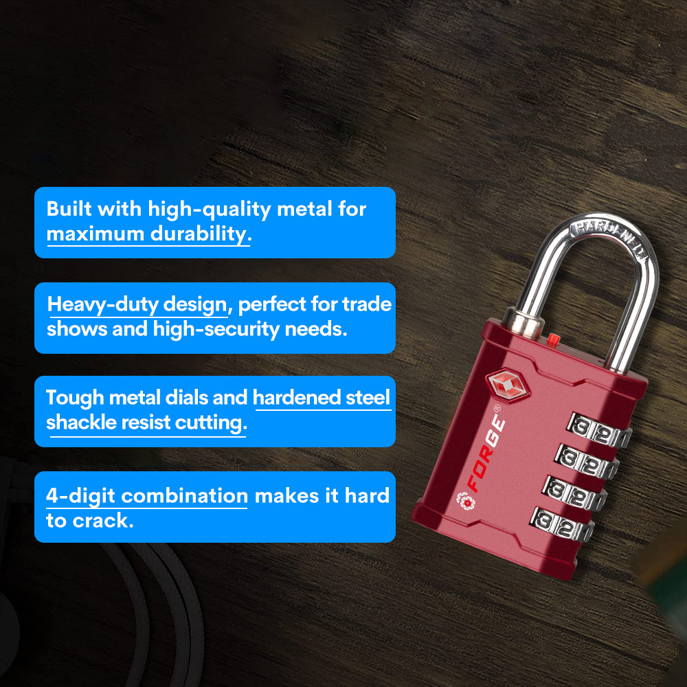 Forge 4-Digit Heavy Duty TSA Approved Lock for Travel & Gym, Red Pack