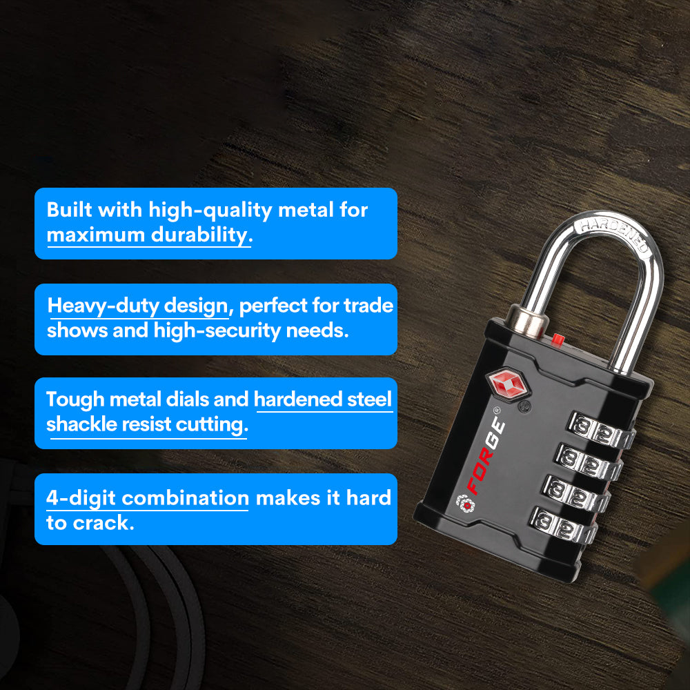 Forge 4-Digit Heavy Duty TSA Approved Lock for Travel & Gym, Black Pack