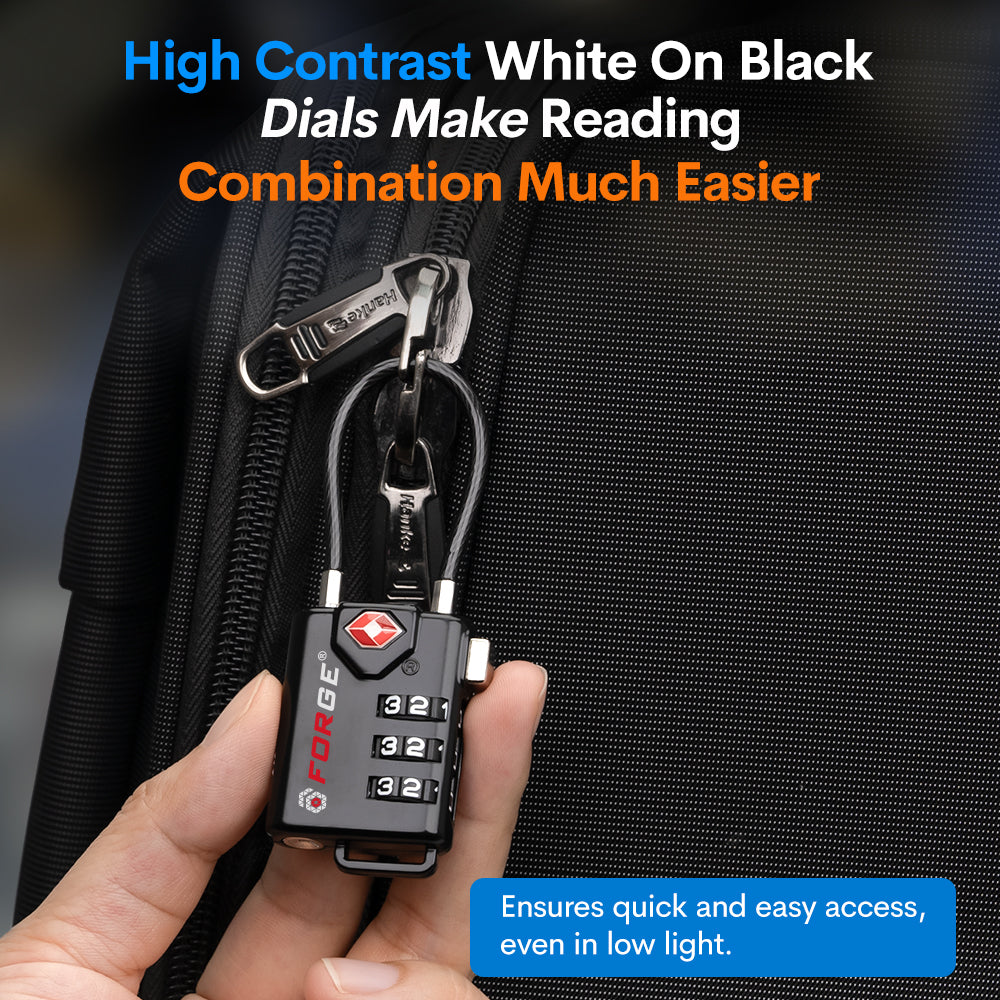 Forge TSA Approved Cable Luggage Lock with Easy-to-Read Dials (Eagle Series, Black Pack)
