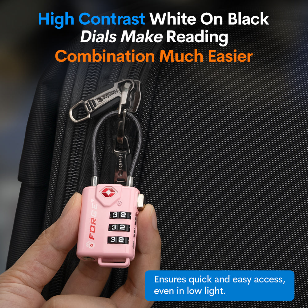 Forge TSA Approved Cable Luggage Lock with Easy-to-Read Dials (Eagle Series, Pink Pack)