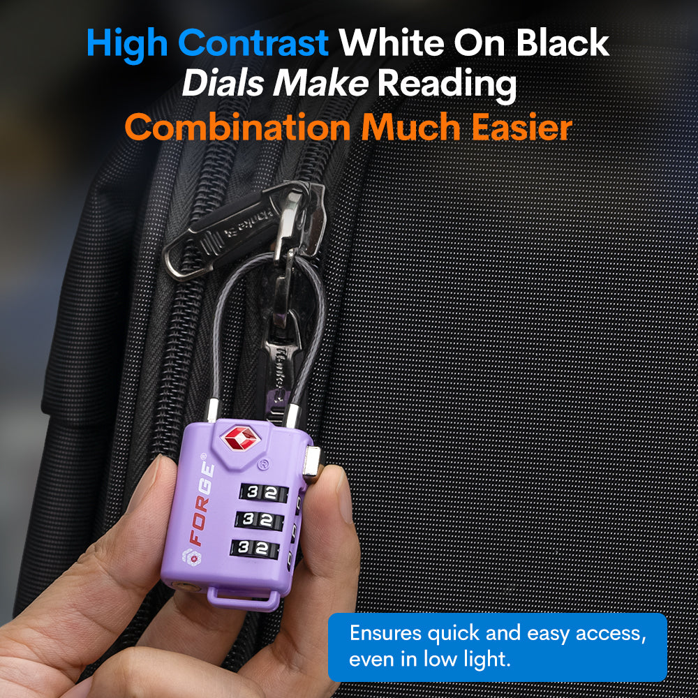 Forge TSA Approved Cable Luggage Lock with Easy-to-Read Dials (Eagle Series, Purple Pack)
