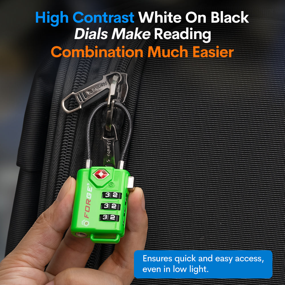 Forge TSA Approved Cable Luggage Lock with Easy-to-Read Dials (Eagle Series, Green Pack)