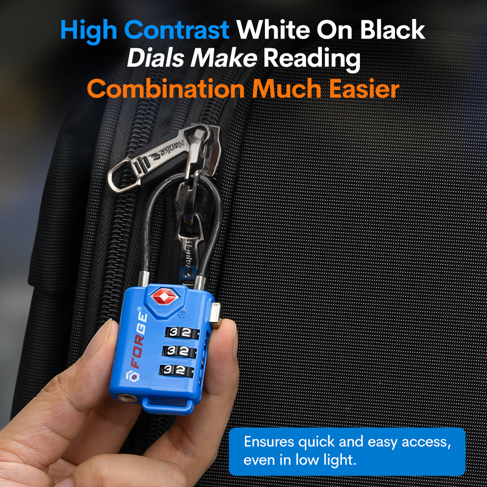Forge TSA Approved Cable Luggage Lock with Easy-to-Read Dials (Eagle Series, Blue Pack)