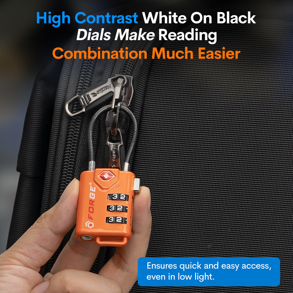 Forge TSA Approved Cable Luggage Lock with Easy-to-Read Dials (Eagle Series, Orange Pack)