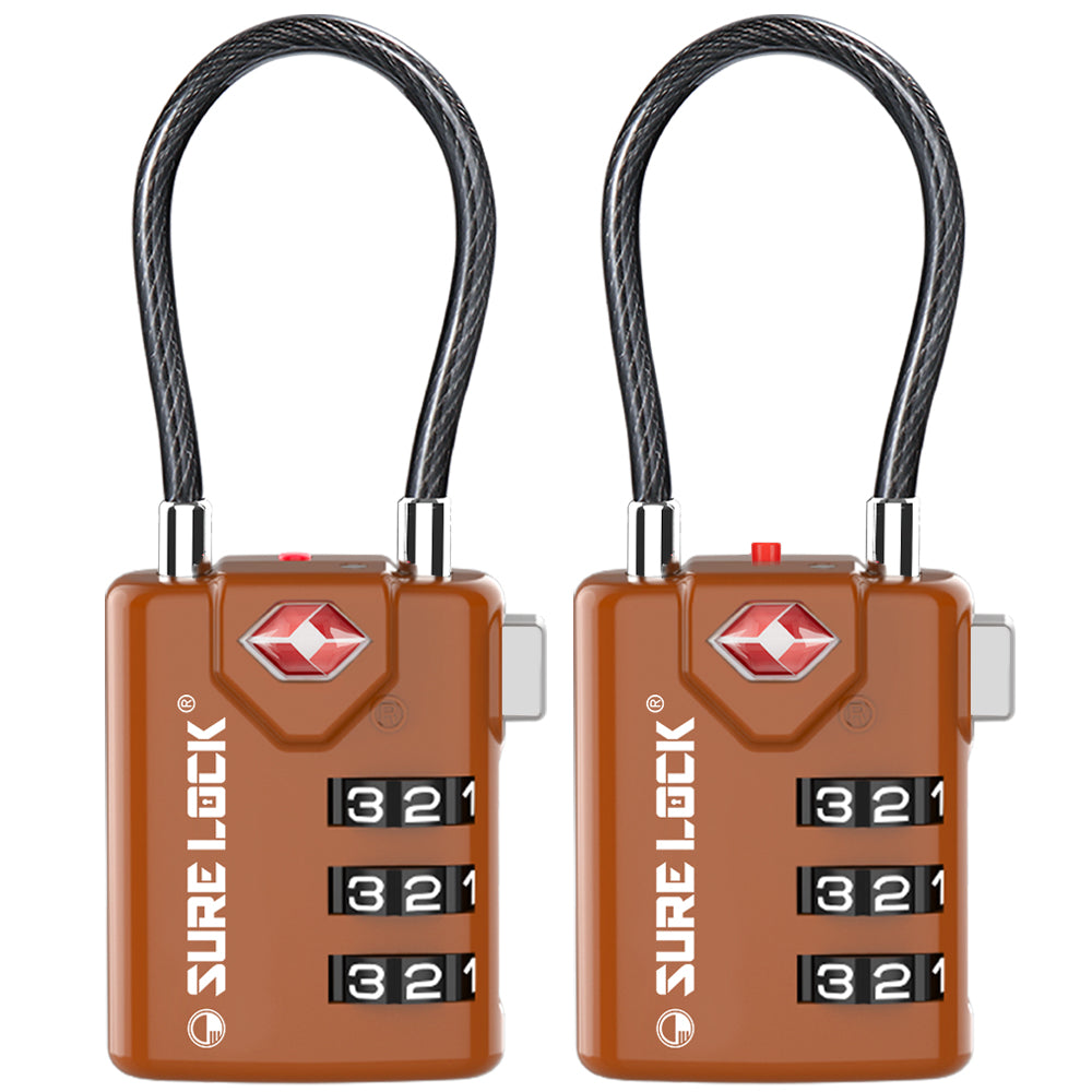 TSA Combination Cable Luggage Lock – Open Alert, Easy-Read Dials (Brown Pack) - LockSelect 
