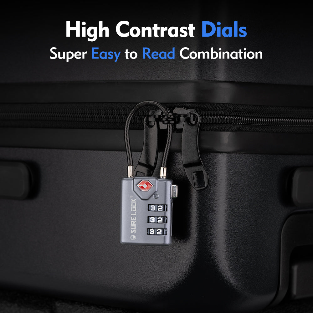TSA Combination Cable Luggage Lock – Open Alert, Easy-Read Dials (Grey Pack) - LockSelect 