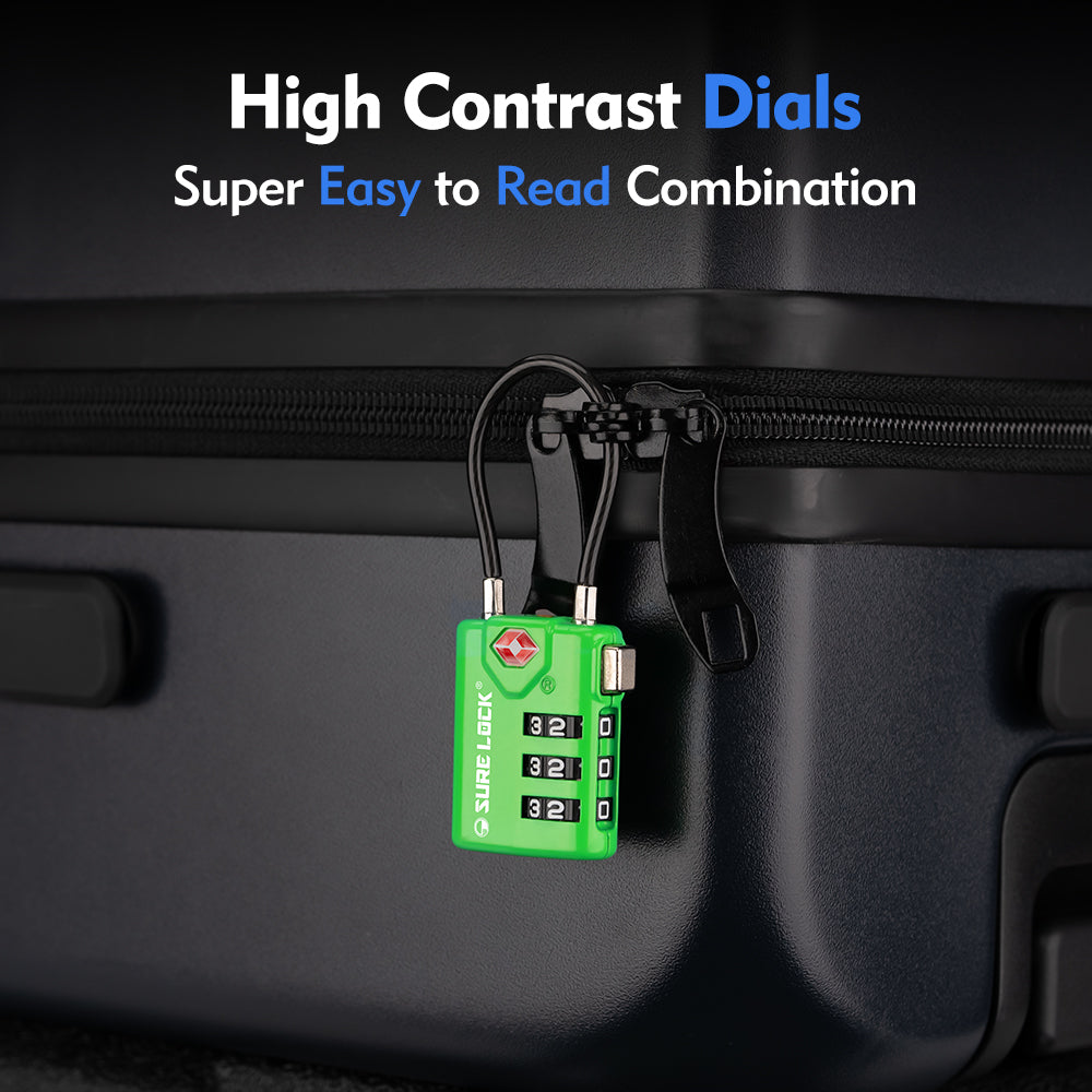 TSA Combination Cable Luggage Lock – Open Alert, Easy-Read Dials (Green Pack) - LockSelect 