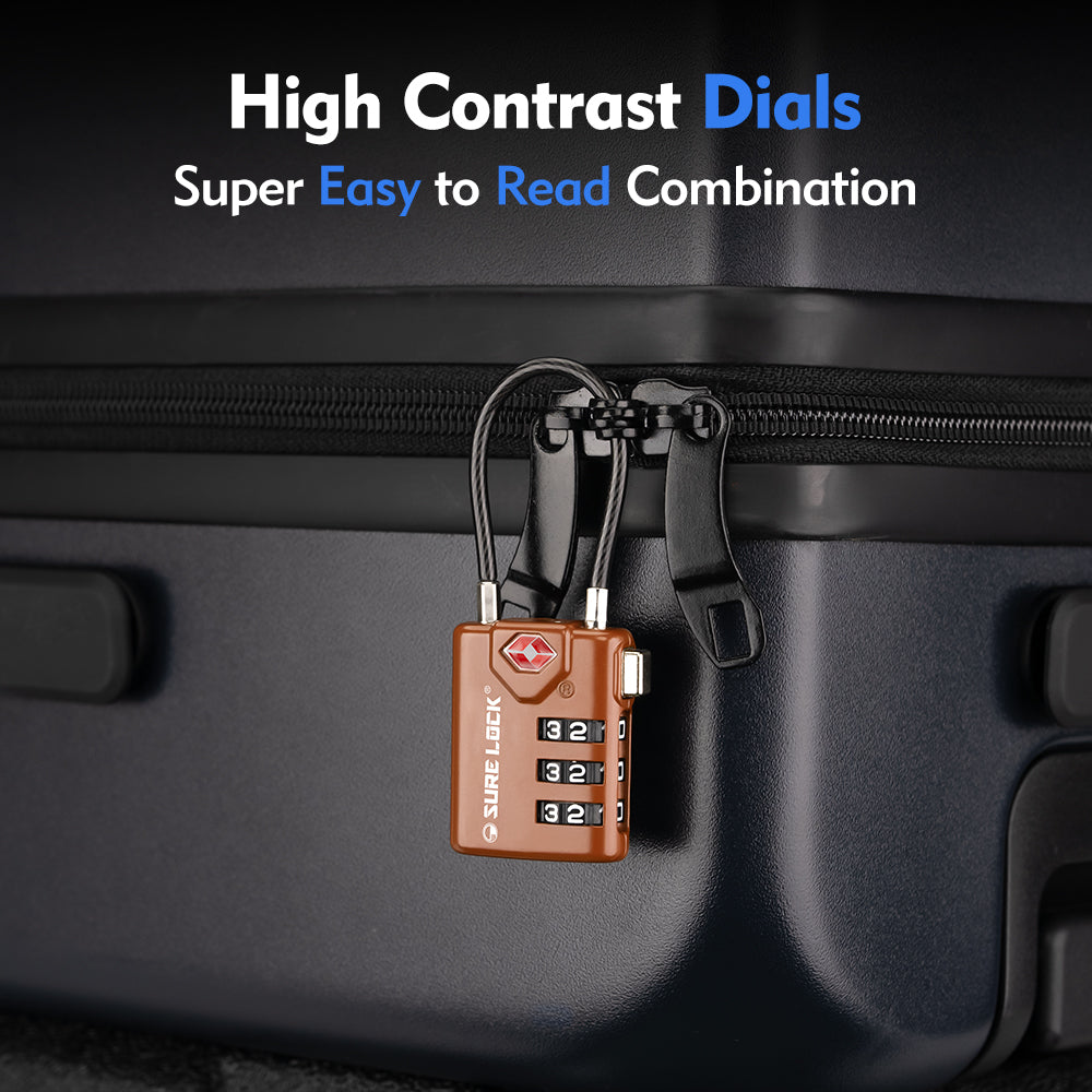 TSA Combination Cable Luggage Lock – Open Alert, Easy-Read Dials (Brown Pack) - LockSelect 