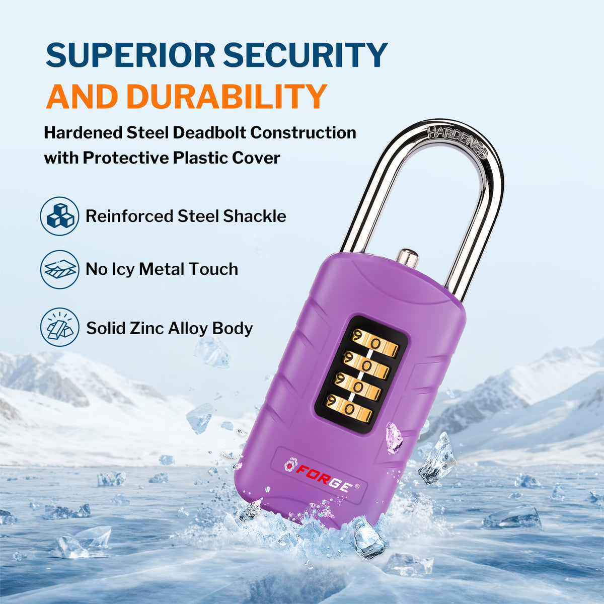 Forge 4-Digit Combination Padlock with Backup Keys, Short Shackle, Purple