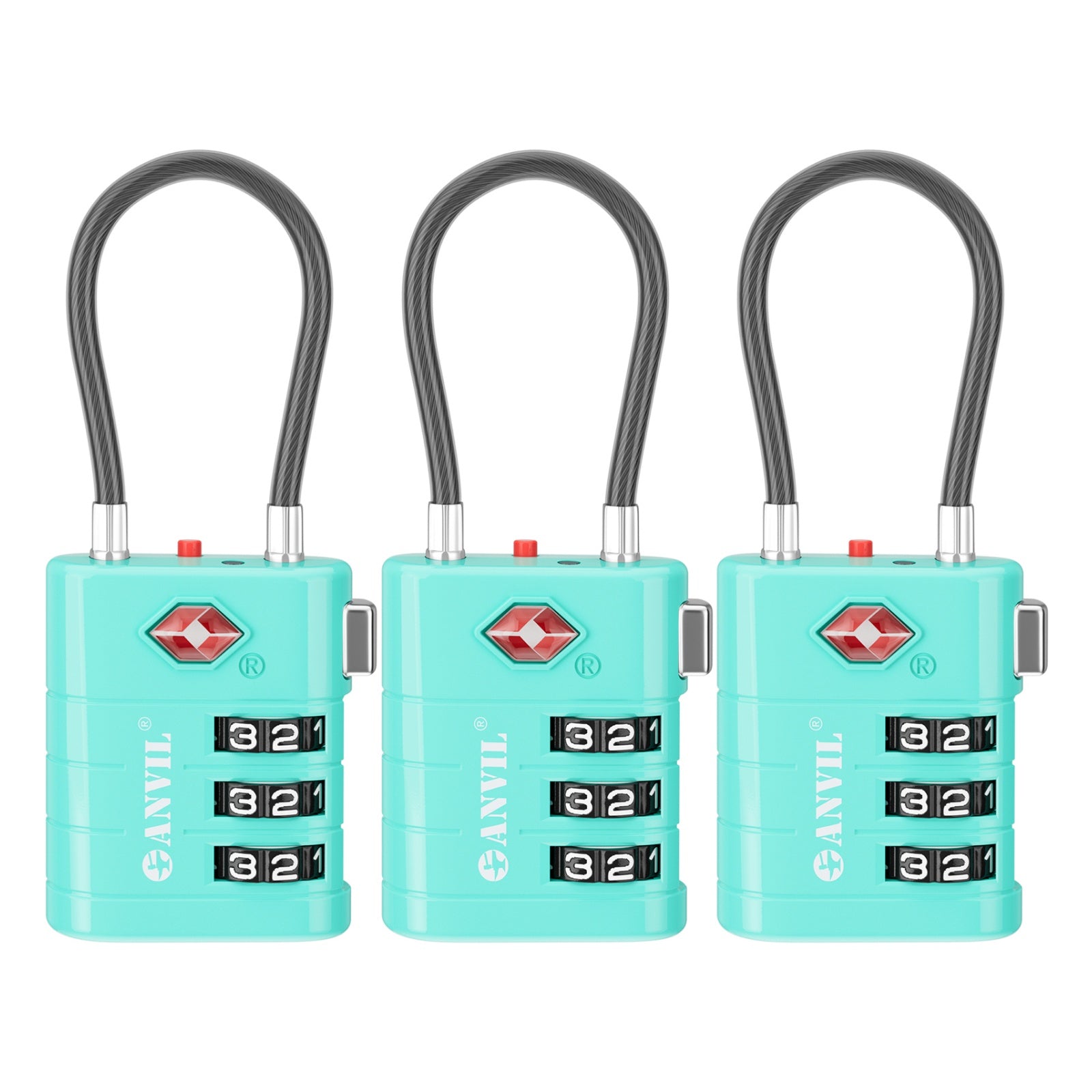 ANVIL High Security TSA008 Combination Travel Lock with Inspection Indicator (Cyan Pack)