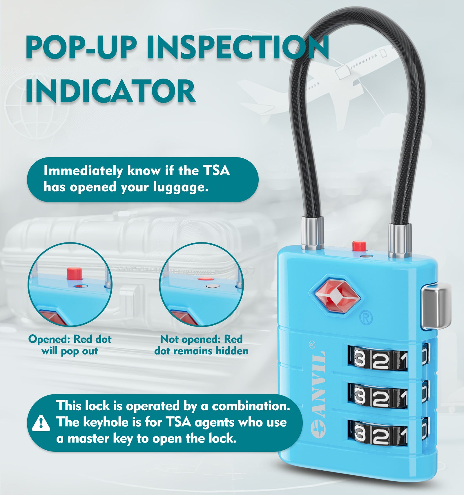 High Security TSA008 Combination Travel Lock with Inspection Indicator (Blue Pack)