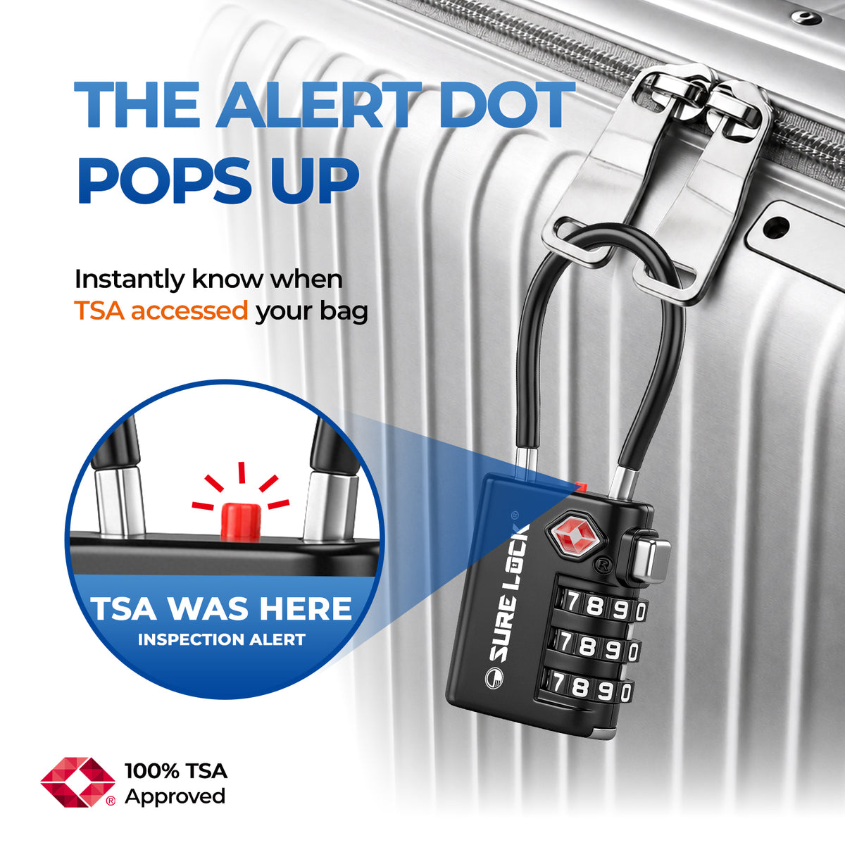 TSA-Approved 3-Digit Cable Luggage Lock with Backup Key & Open Alert (Black)