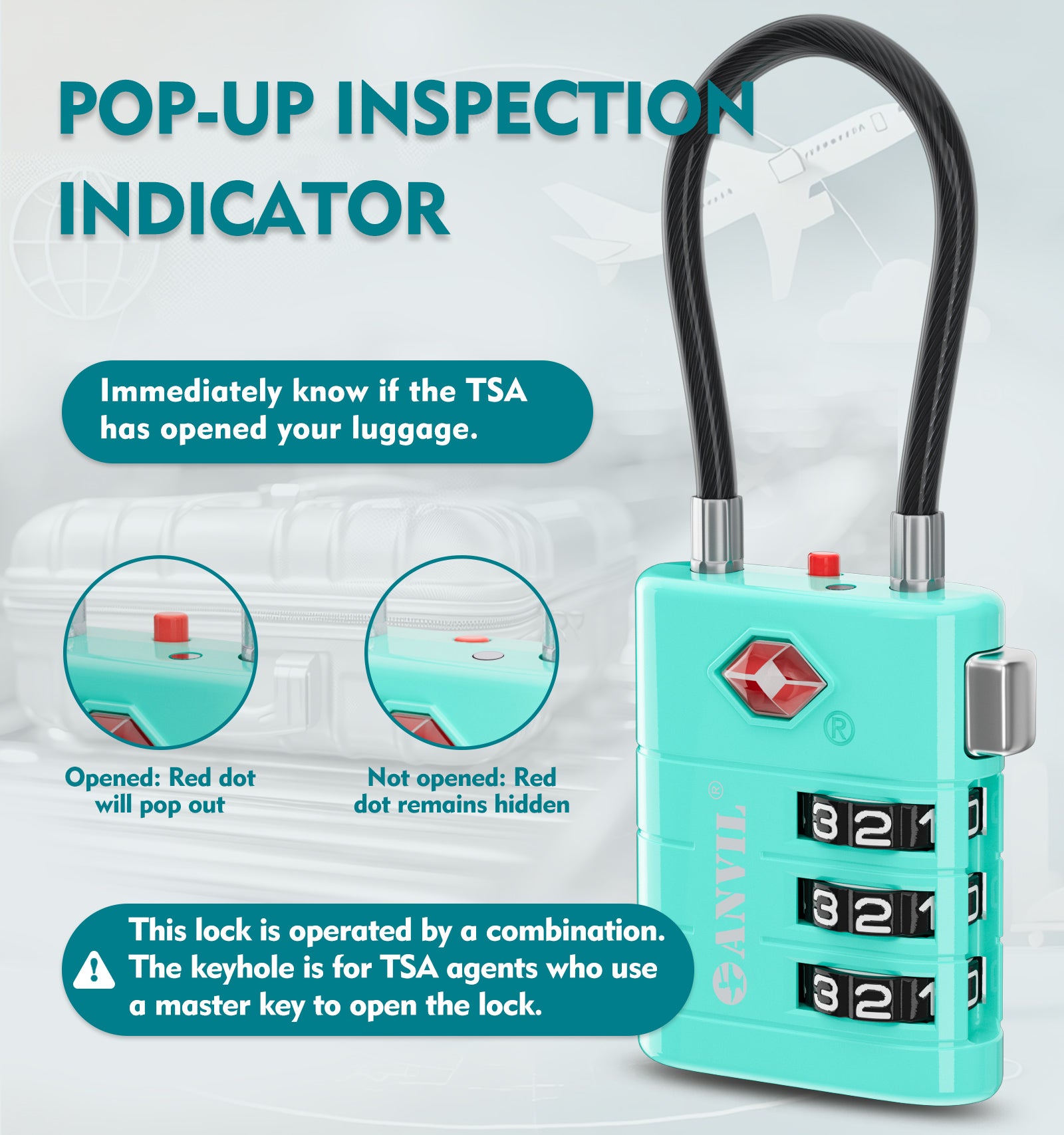 ANVIL High Security TSA008 Combination Travel Lock with Inspection Indicator (Cyan Pack)