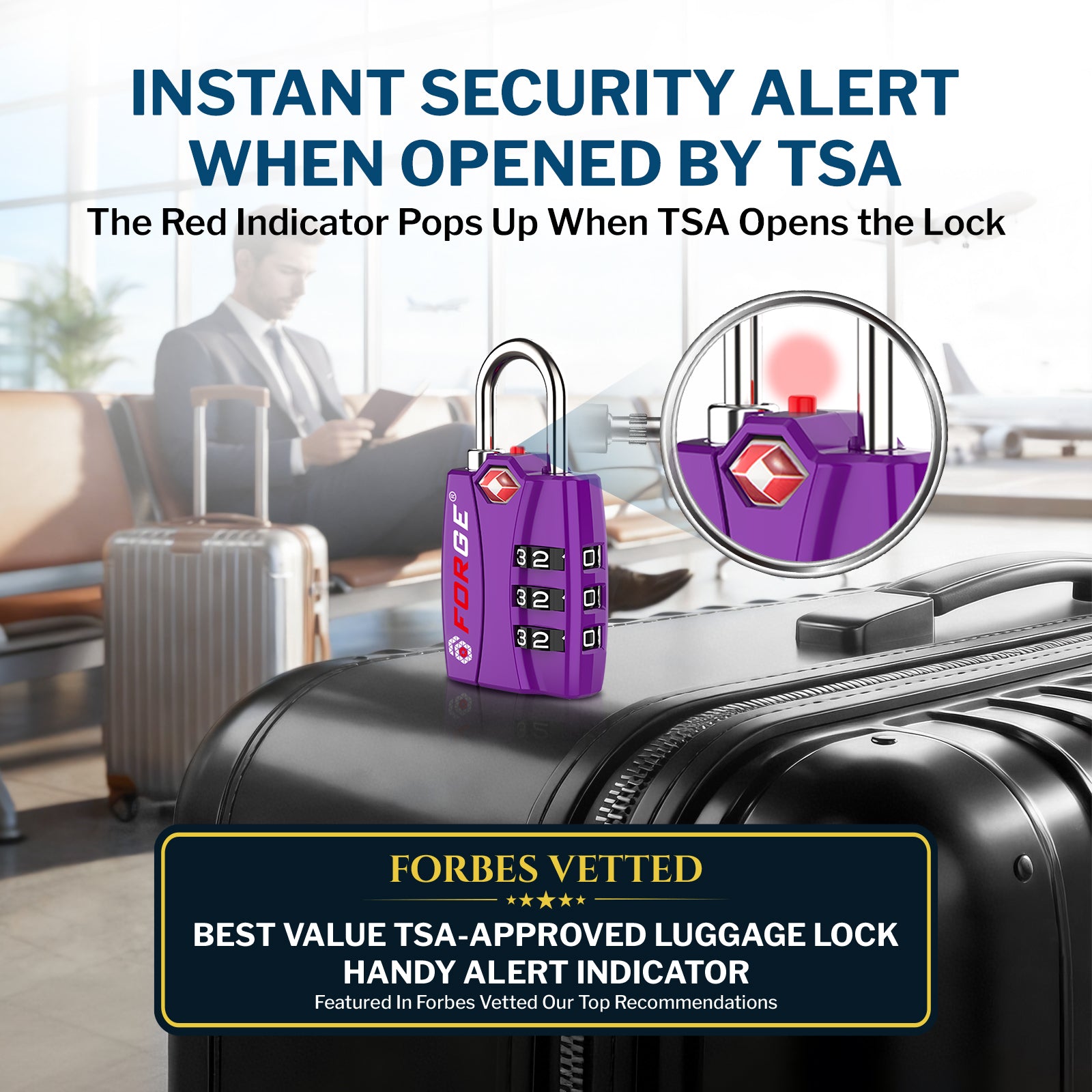 Forge TSA-Approved Luggage Lock: 3-Digit Combination, Open Alert Indicator（Titan Series Purple Pack）