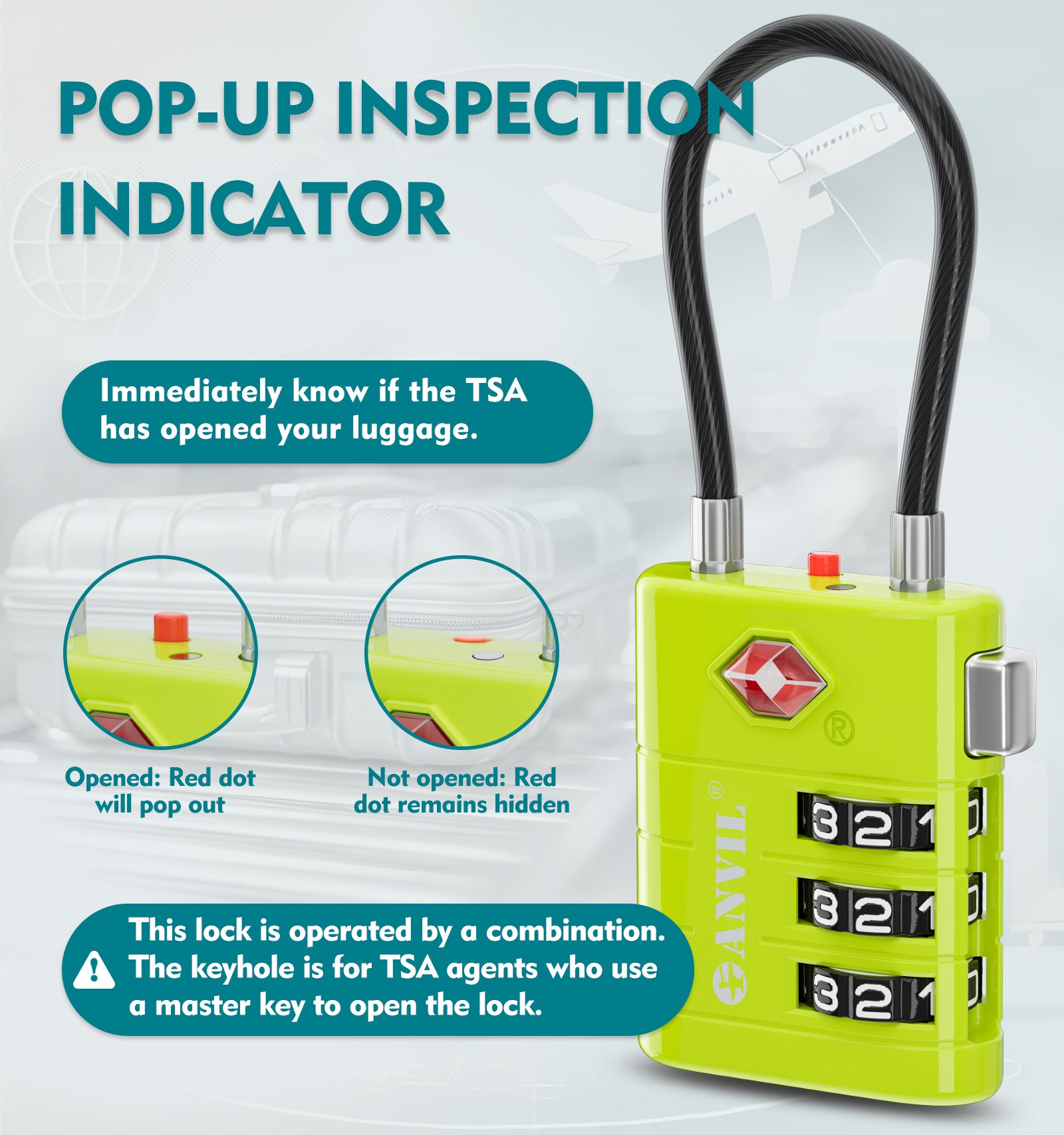 TSA Approved Luggage Lock with Inspection Indicator ( Grass Green Pack)