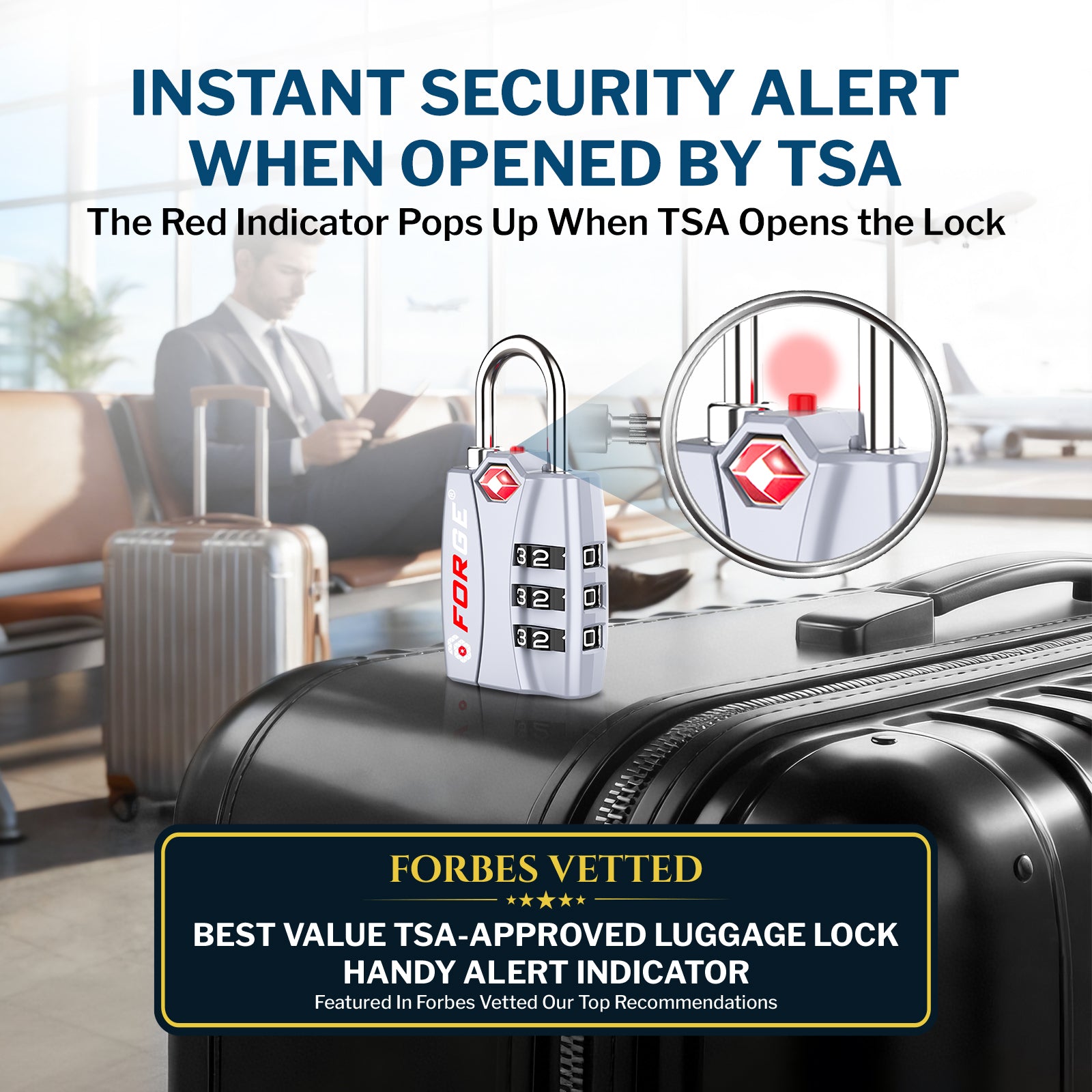 Forge TSA-Approved Luggage Lock: 3-Digit Combination, Open Alert Indicator（Titan Series Silver Pack）