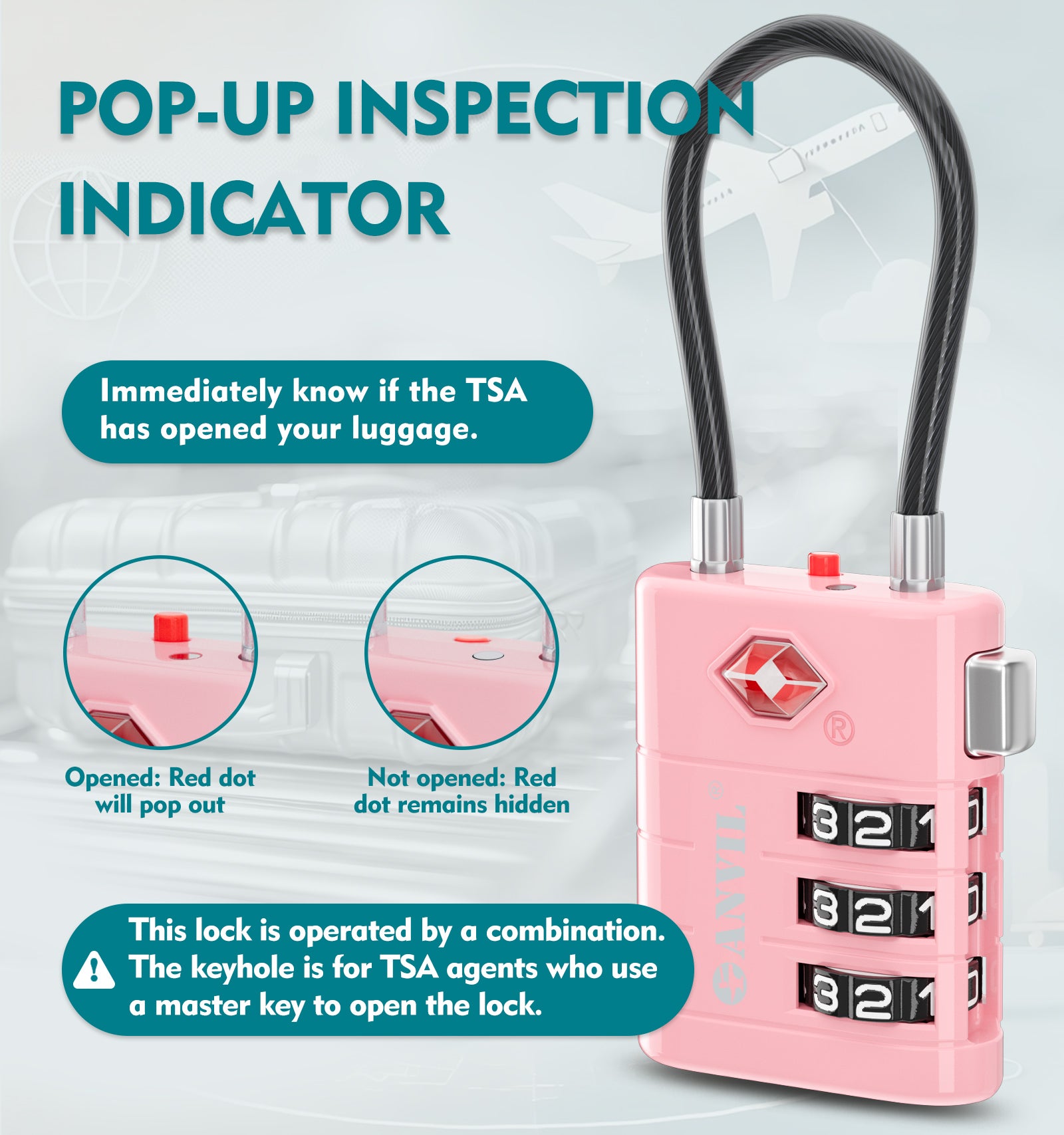 ANVIL TSA Approved Luggage Lock with Inspection Indicator (Pink Pack)