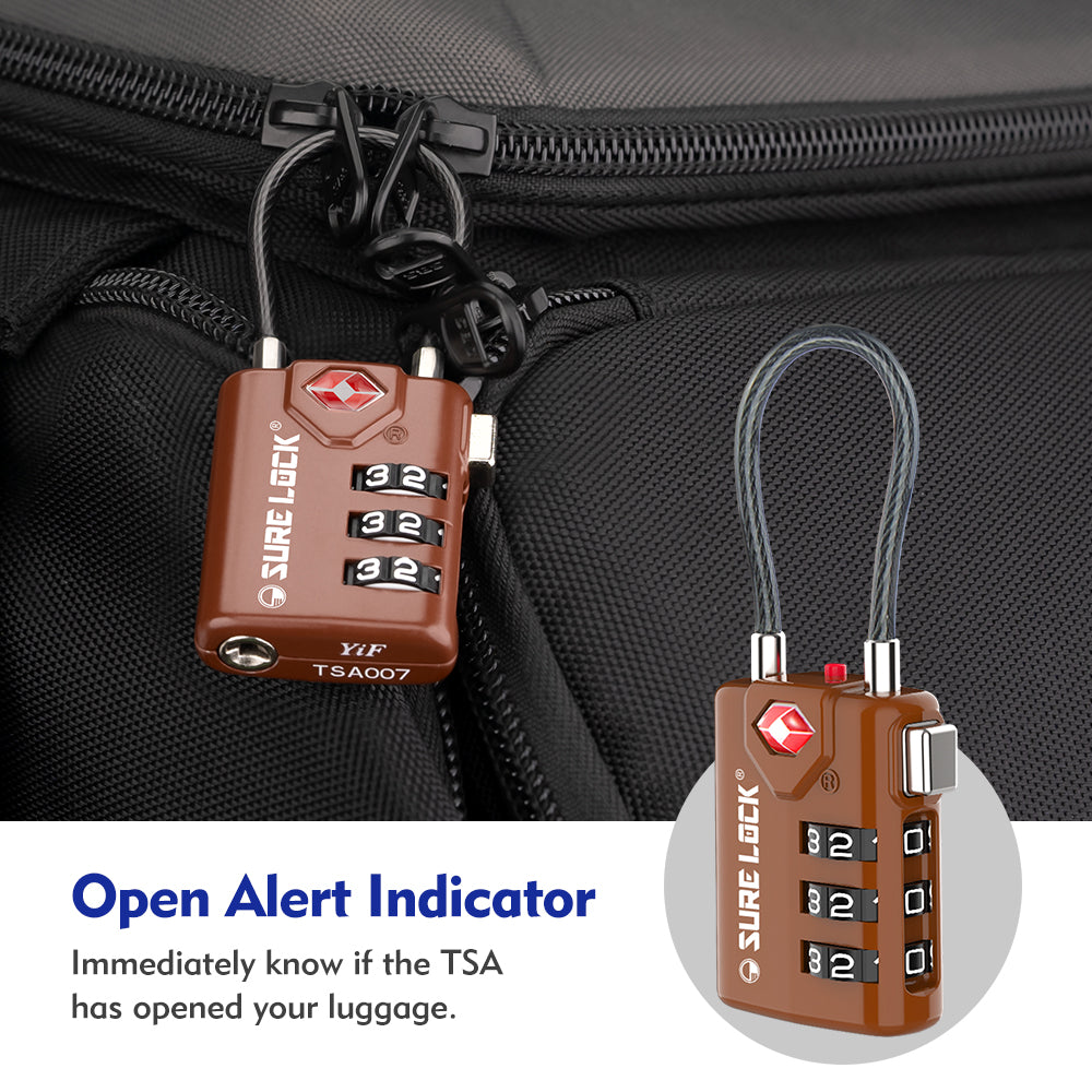 TSA Combination Cable Luggage Lock – Open Alert, Easy-Read Dials (Brown Pack) - LockSelect 