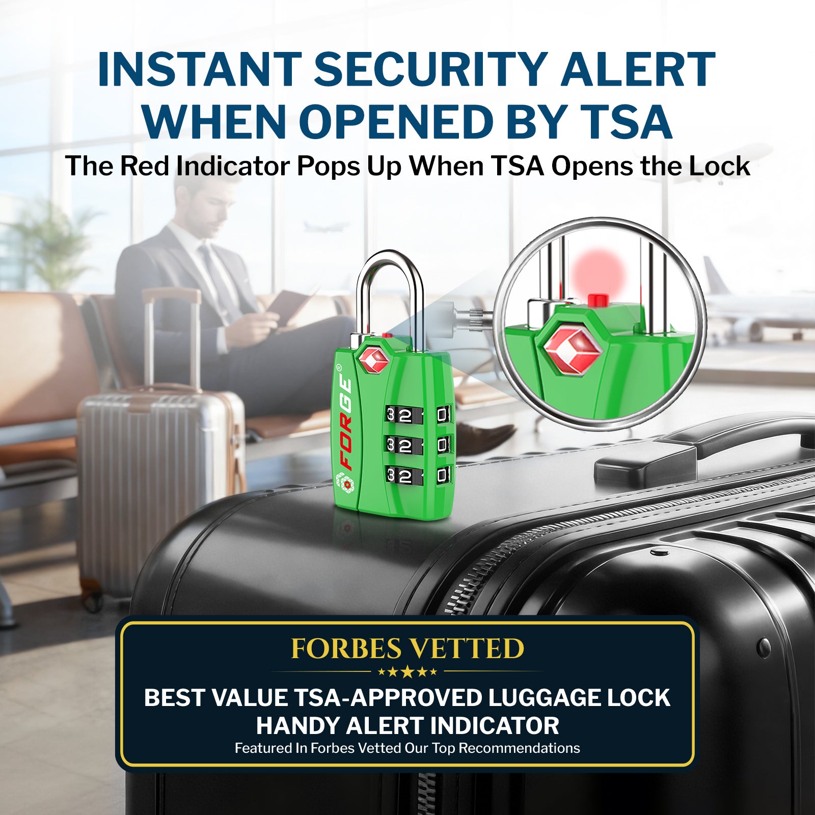 Forge TSA-Approved Luggage Lock: 3-Digit Combination, Open Alert Indicator （Titan Series, Green Pack）
