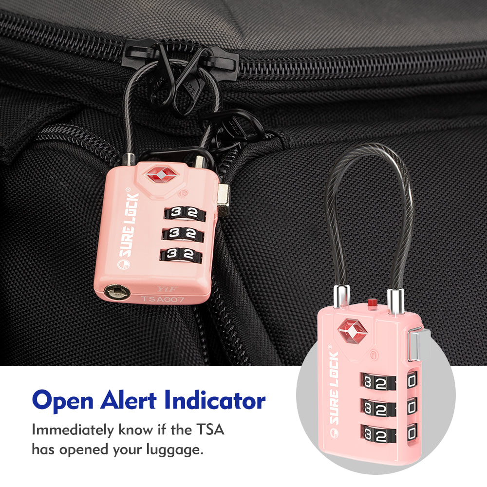 TSA Approved Luggage Lock – Combination Cable Lock with Open Alert & Easy-Read Dials (Pink Pack) - LockSelect 