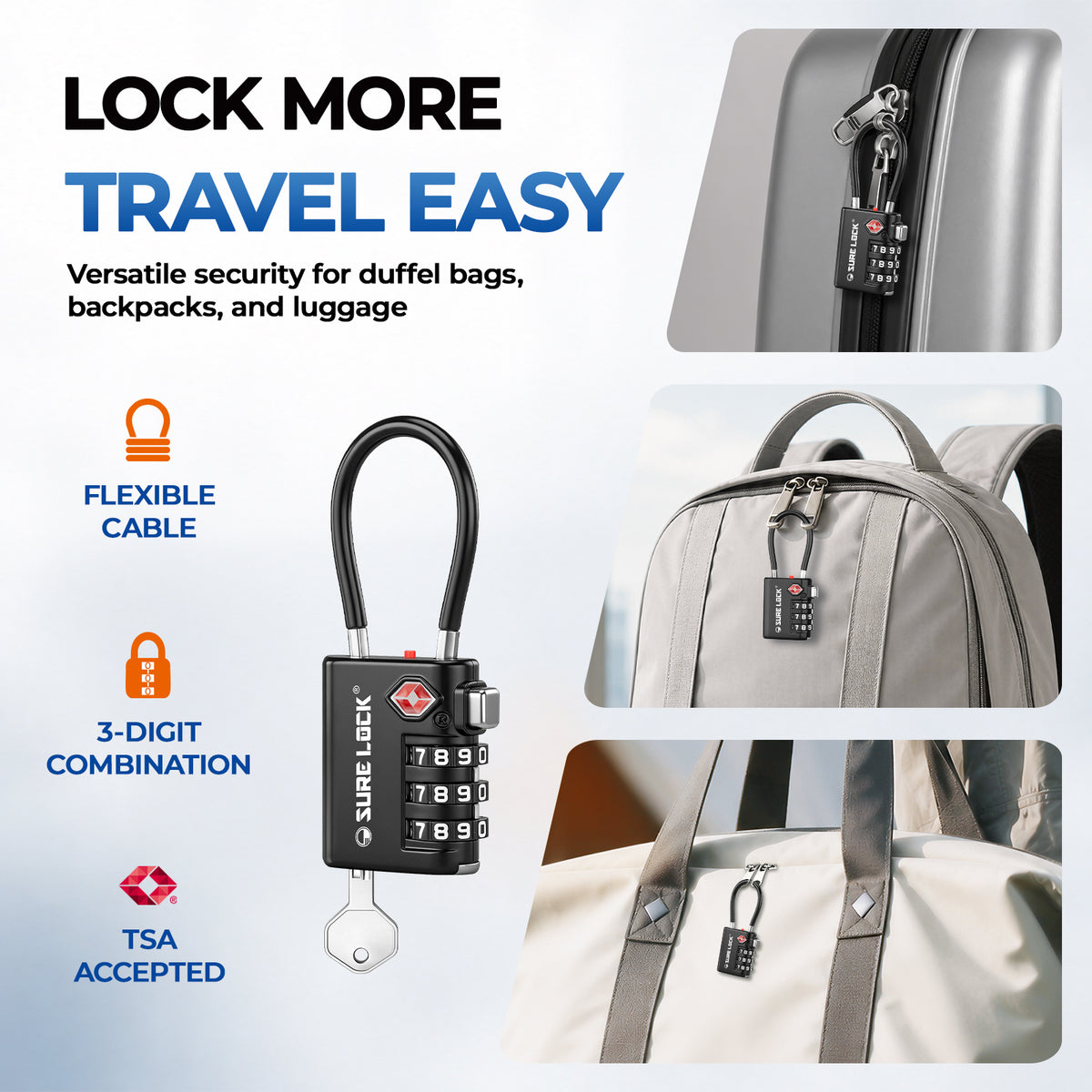 TSA-Approved 3-Digit Cable Luggage Lock with Backup Key & Open Alert (Black)