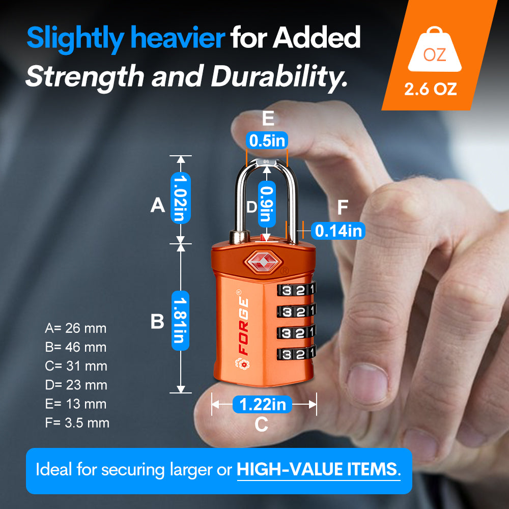 Forge TSA Approved 4-Digit Combination Lock with Open Alert, Orange Pack