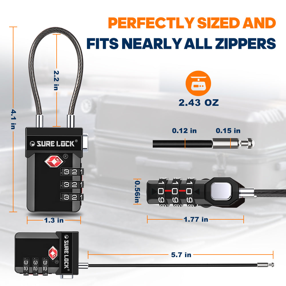 TSA Approved 3-Digit Combination Cable Lock (Black Pack) - LockSelect 