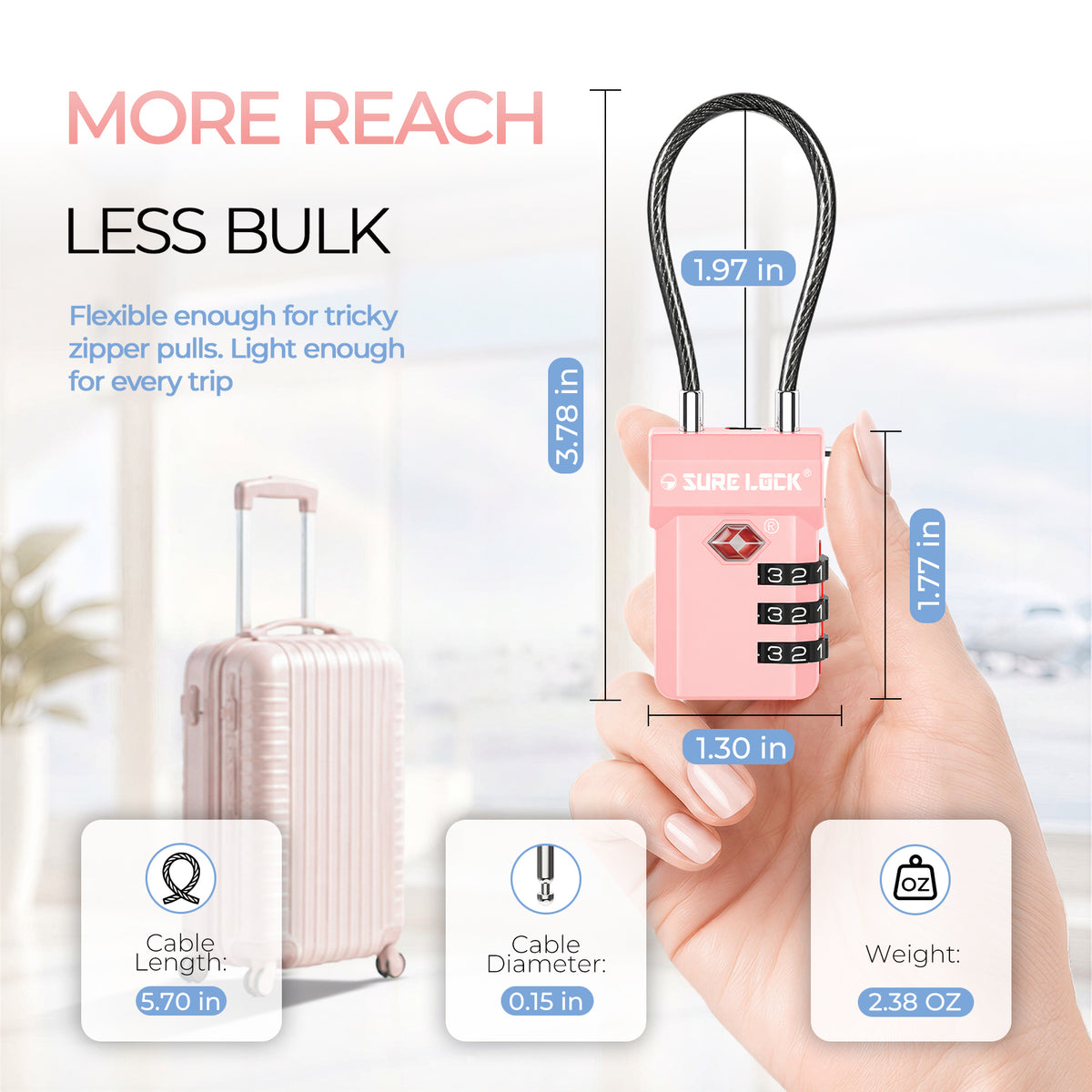 TSA-Approved Cable Luggage Locks - Pink