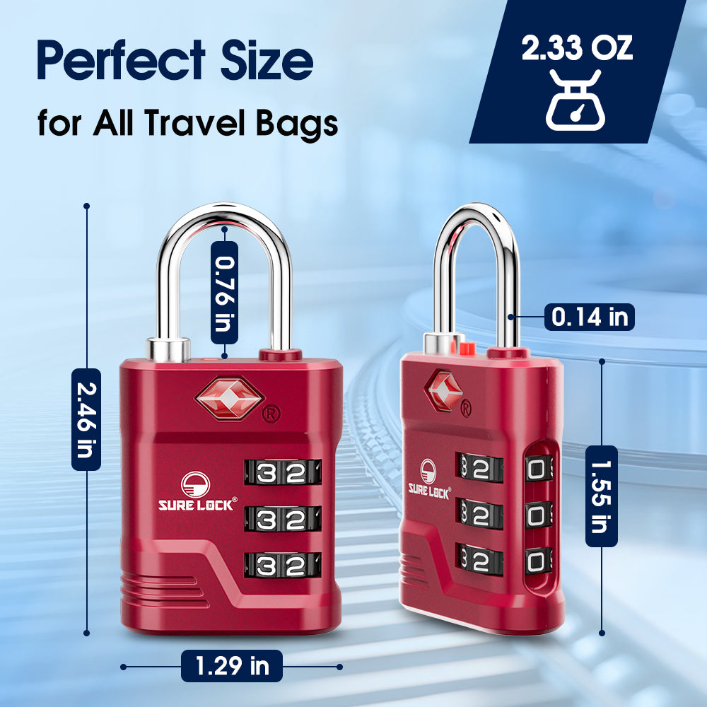 TSA Approved Luggage Lock – 3-Digit Combination Padlock with Open Alert & Easy-Read Dials (Red Pack) - LockSelect 