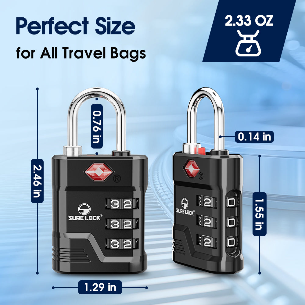 TSA Approved Luggage Lock – 3-Digit Combination Padlock with Open Alert & Easy-Read Dials (Black Pack) - LockSelect 