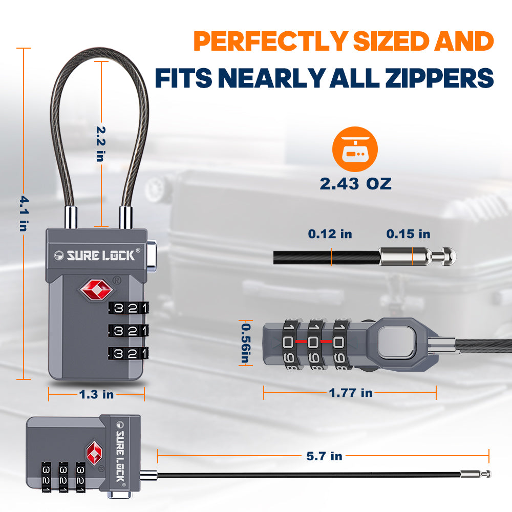 TSA Approved 3-Digit Combination Cable Lock (Grey Pack) - LockSelect 