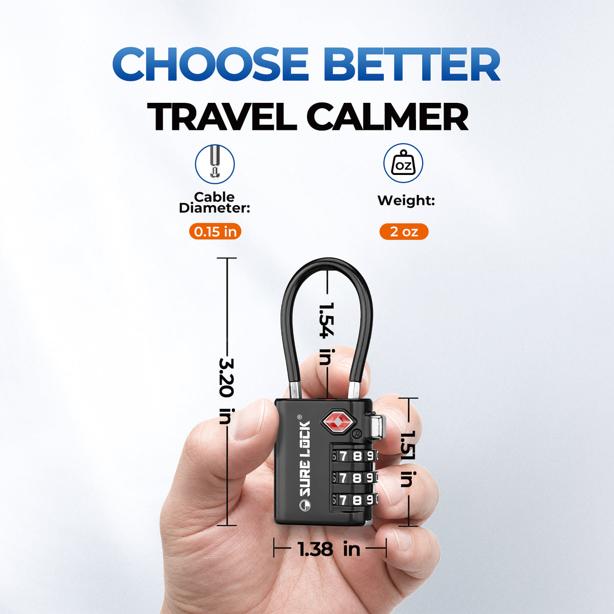 TSA-Approved 3-Digit Cable Luggage Lock with Backup Key & Open Alert (Black)