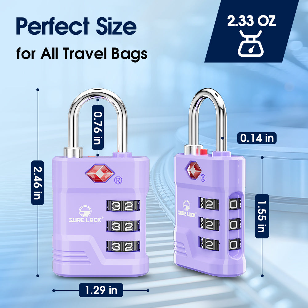 TSA Approved Luggage Lock – 3-Digit Combination Padlock with Open Alert & Easy-Read Dials (Purple Pack) - LockSelect 