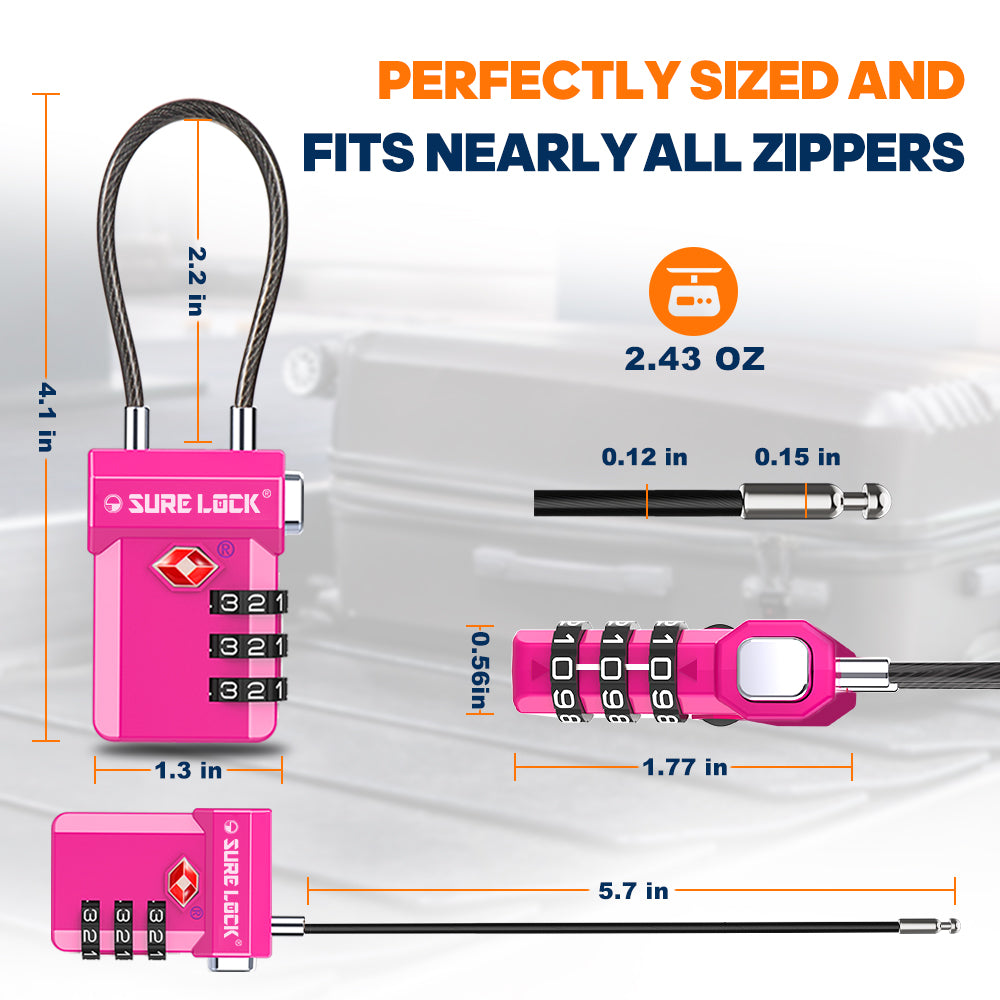TSA Approved 3-Digit Combination Cable Lock (Rose Red Pack) - LockSelect 