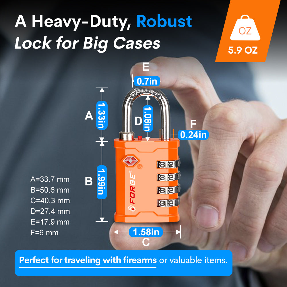 Forge 4-Digit Heavy Duty TSA Approved Lock for Travel & Gym, Orange Pack