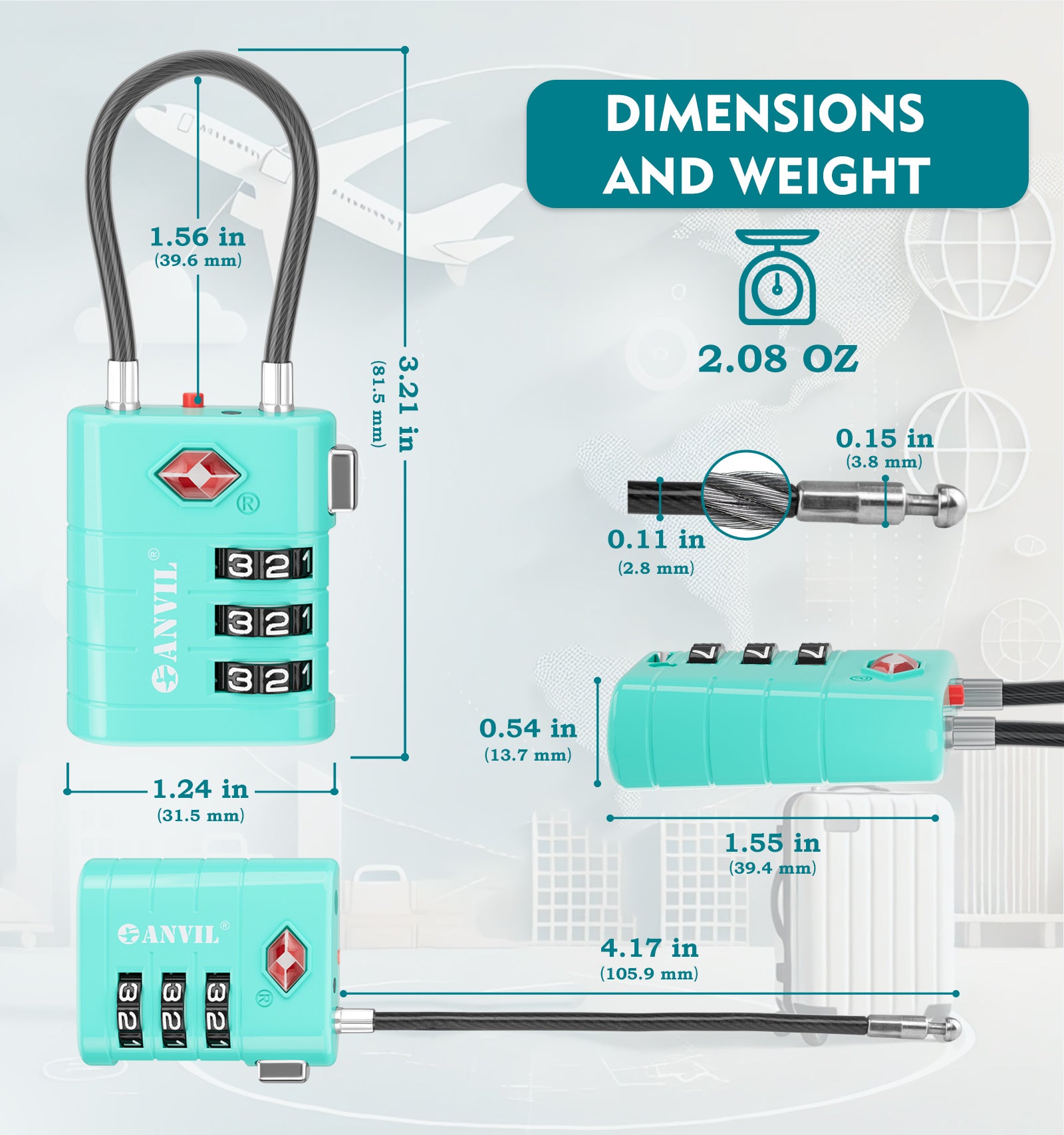 ANVIL High Security TSA008 Combination Travel Lock with Inspection Indicator (Cyan Pack)
