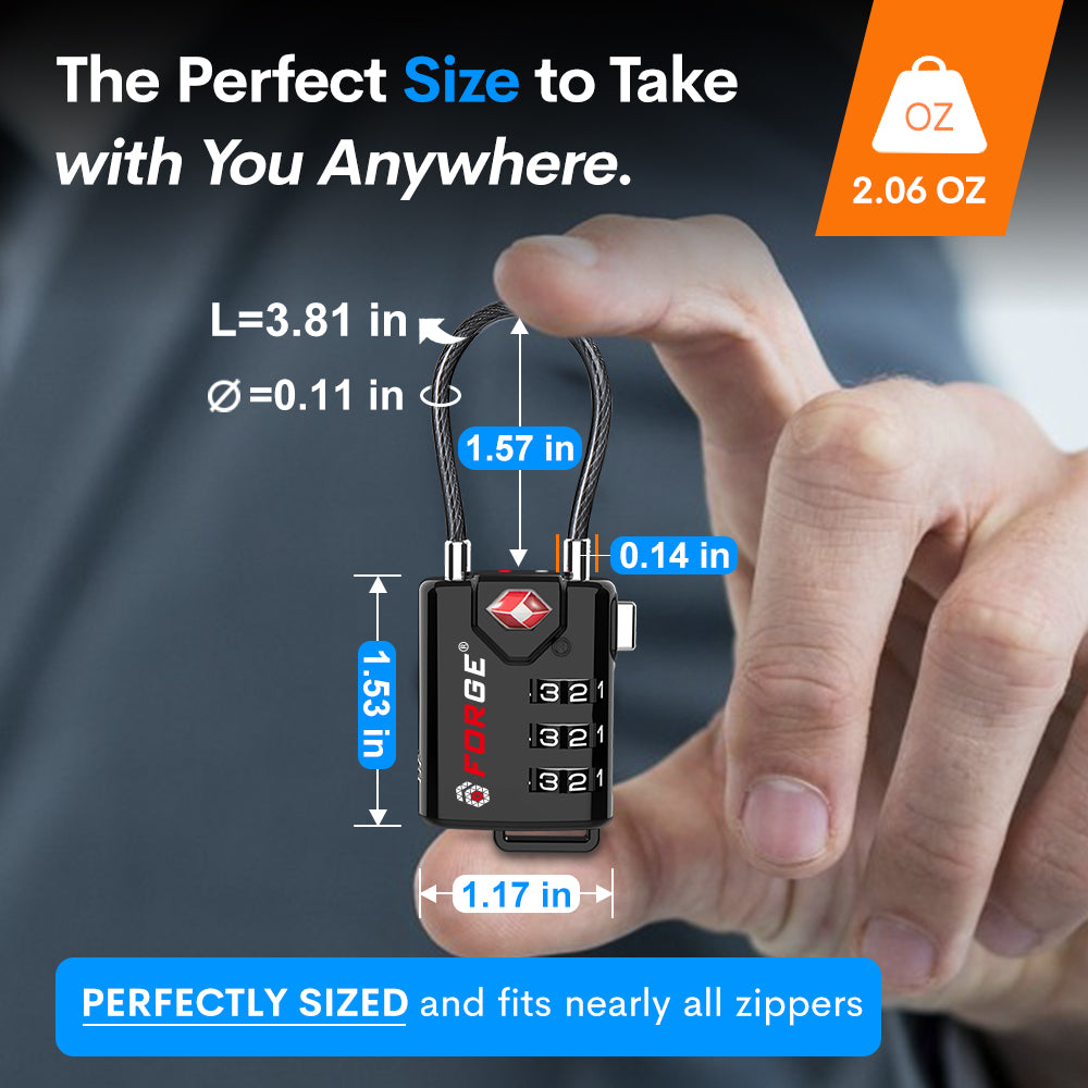 Forge TSA Approved Cable Luggage Lock with Easy-to-Read Dials (Eagle Series, Black Pack)