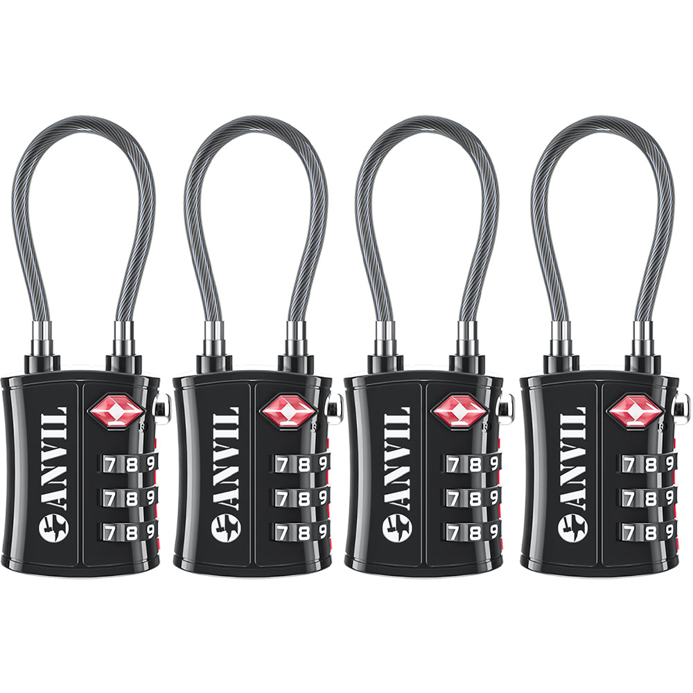 TSA Approved Cable Travel Lock – 3-Digit Combination with Zinc Alloy Body(Black Pack) - LockSelect 