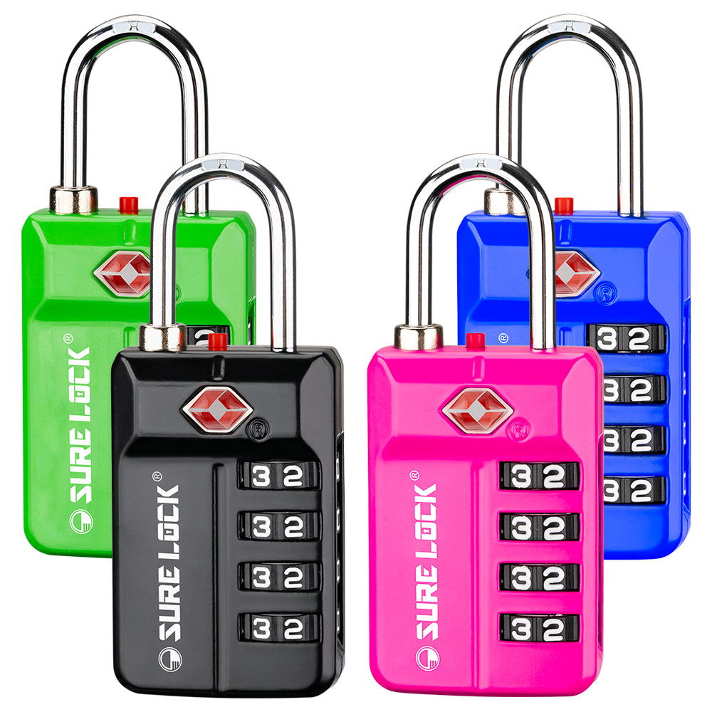 TSA 4-Digit Combination Luggage Lock – Resettable with Open Alert (4 Assorted Colors)