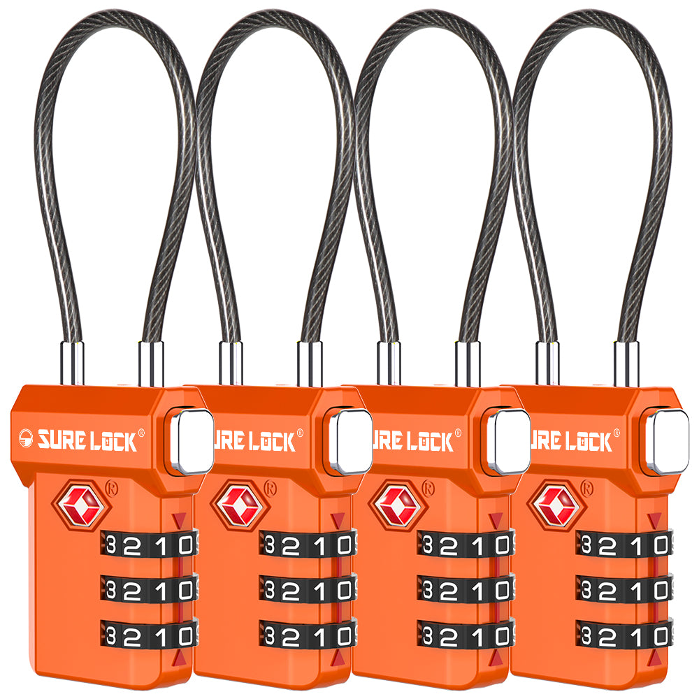 TSA Approved 3-Digit Combination Cable Lock – Large Dial, Red Indicator & Easy-Press Button (Orange Pack) - LockSelect 