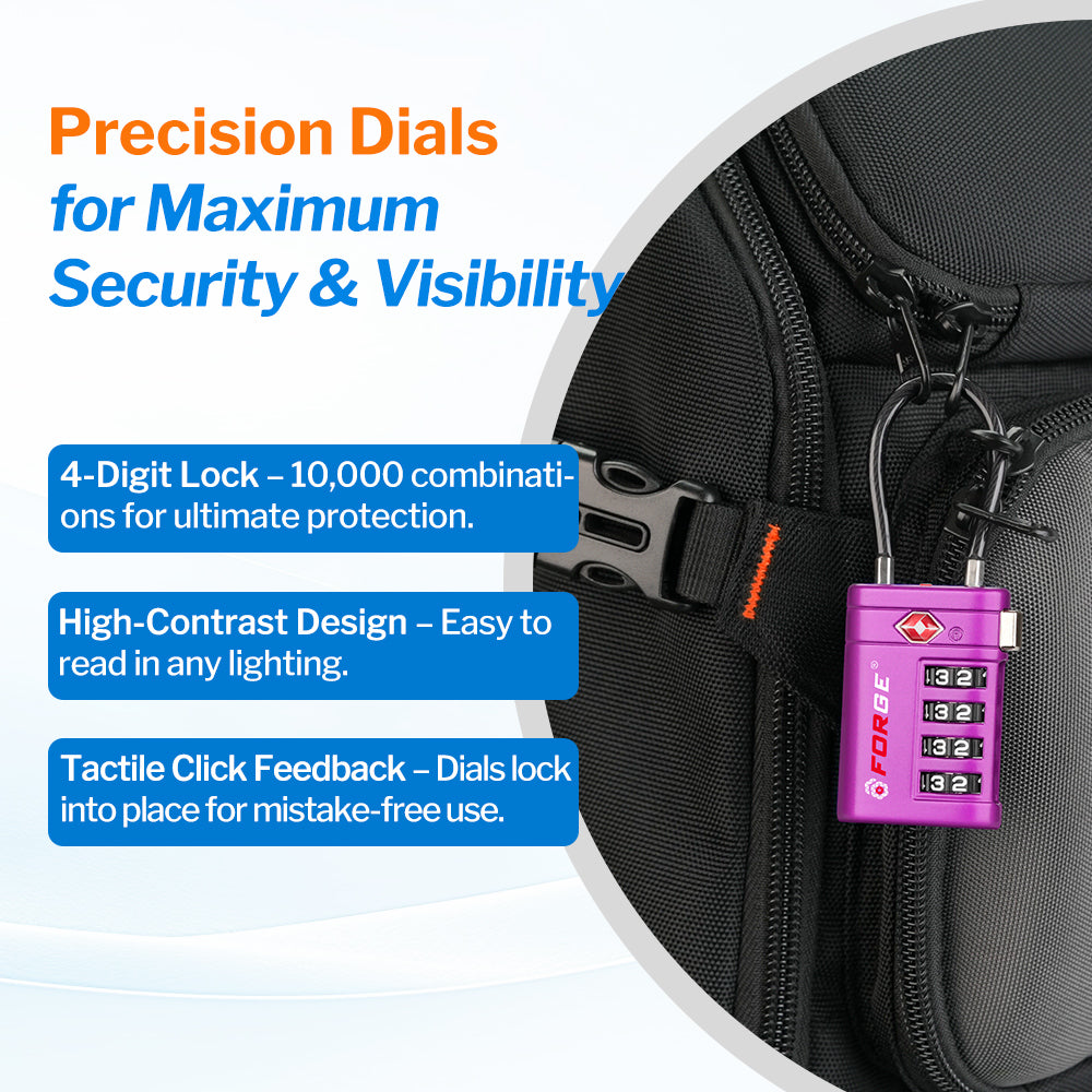 Forge TSA008 4-Digit Luggage Lock with Open Alert (Optimus Series, Purple Pack)