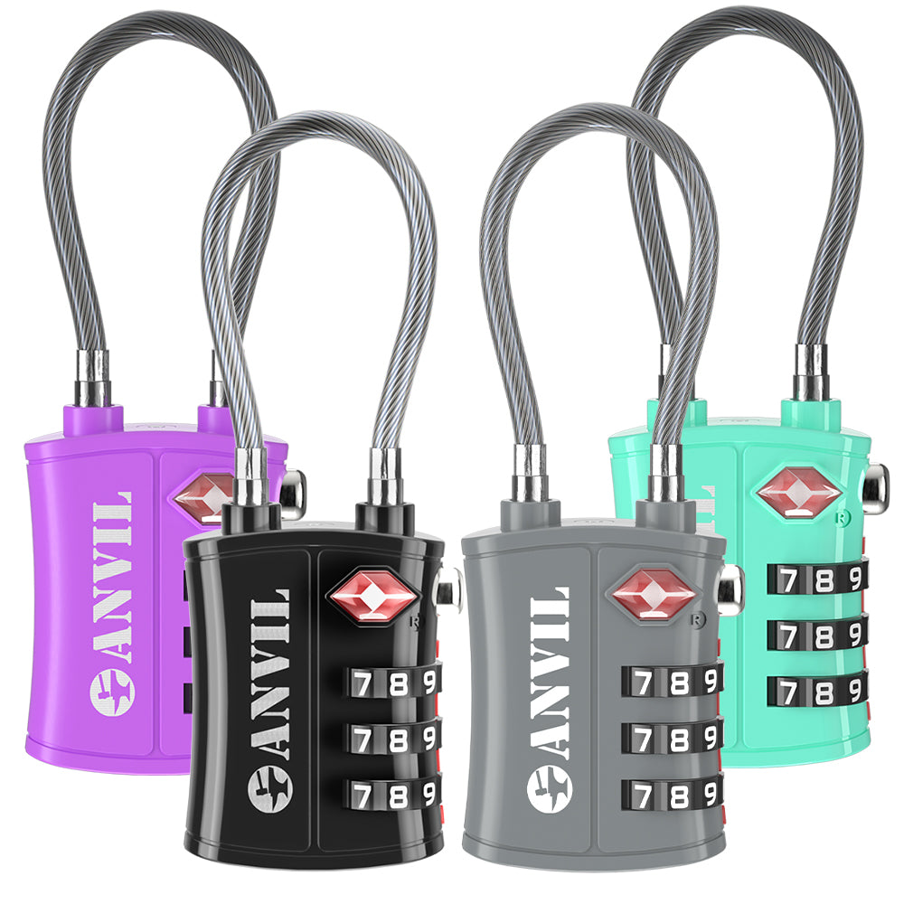 TSA Approved Cable Travel Lock – 3-Digit Combination with Zinc Alloy Body(4 Colors Pack) - LockSelect 