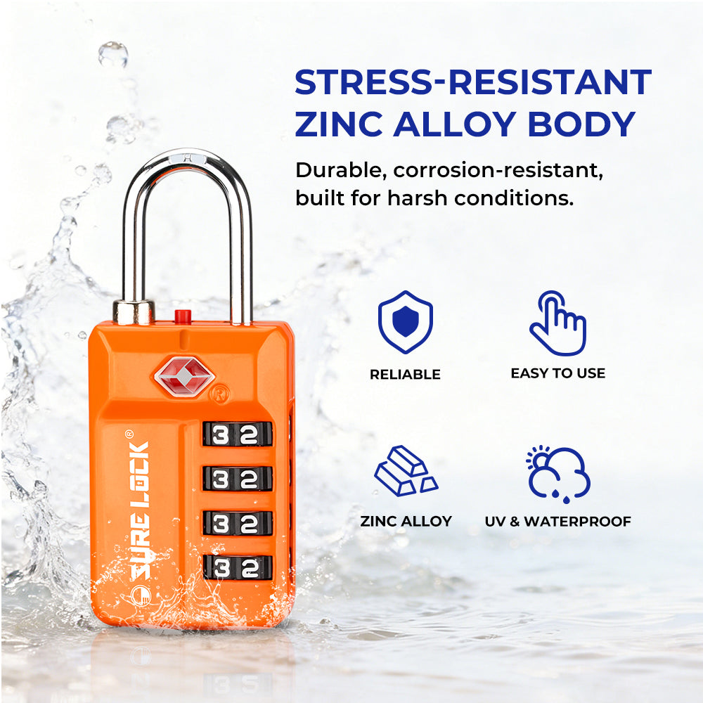 TSA 4-Digit Combination Luggage Lock – Resettable with Open Alert (Orange)